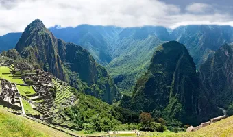 Incredible panoramic view of the majestic ruins of Machu Picchu.